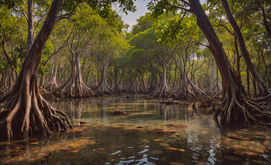 Poster - A lush green forest with a body of water in the middle. The water is calm and clear, and the trees are tall and leafy. The scene is peaceful and serene, with the water reflecting the trees and the sky