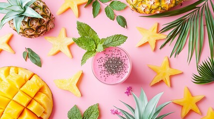 Wall Mural - Pink smoothie with tropical fruits, flat lay