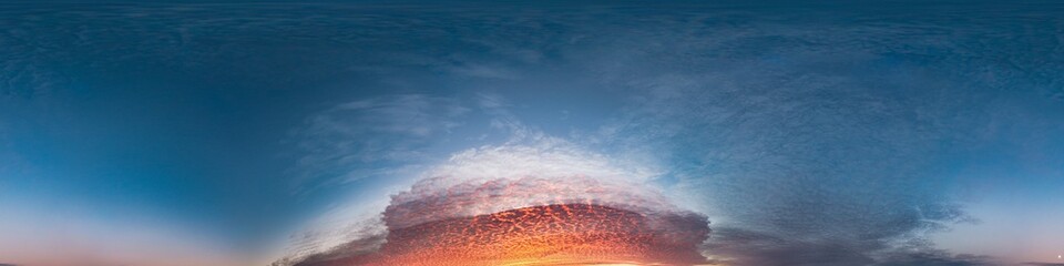 Wall Mural - Red burning sunset sky panorama with Cumulus clouds. Seamless hdr 360 pano in spherical equirectangular format. Sky dome or zenith for 3D visualization, sky replacement for aerial drone panoramas