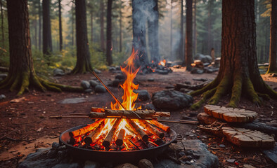 Aufkleber - A fire is burning in a wood fire pit in a forest. The fire is surrounded by logs and rocks, and there are several people nearby. Scene is warm and inviting