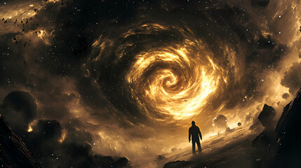 Wall Mural - a cosmic storm swirling through space, with planets, stars, and galaxies caught in the vortex, and a