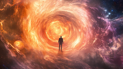 Wall Mural - a cosmic storm swirling through space, with planets, stars, and galaxies caught in the vortex, and a
