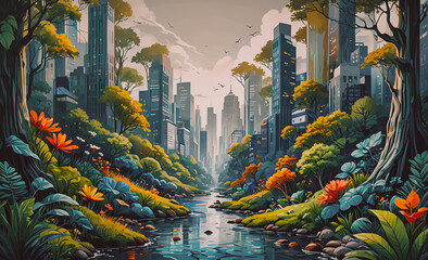 Aufkleber - A painting of a city with a river running through it. The city is surrounded by trees and the sky is cloudy