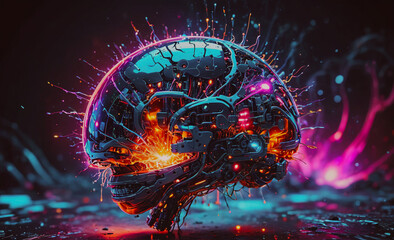 Aufkleber - A brain with a lot of wires coming out of it. The brain is surrounded by a lot of colorful sparks