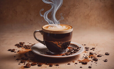 Aufkleber - A cup of coffee with steam rising from it on a plate. The coffee is black and the plate is white