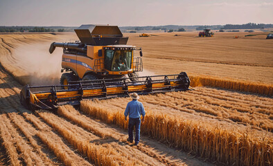 Poster - A man is walking through a field of wheat. The field is full of wheat and the man is wearing a blue shirt