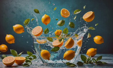 Poster - A bowl of lemons and water splashing out of it. The lemons are floating in the water and some are falling out of the bowl