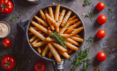 Poster - A bowl of french fries with herbs on top. The bowl is surrounded by tomatoes and other vegetables