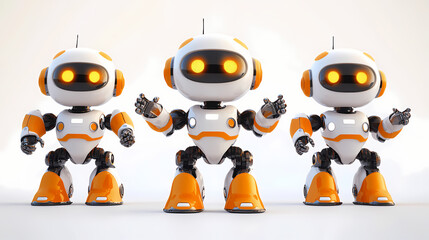 Wall Mural - Set of four cute orange and white friendly toy robots with waving arms on transparent background png clip art illustration. Vintage Robot. Illustration