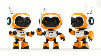 Wall Mural - Set of four cute orange and white friendly toy robots with waving arms on transparent background png clip art illustration. Vintage Robot. Illustration