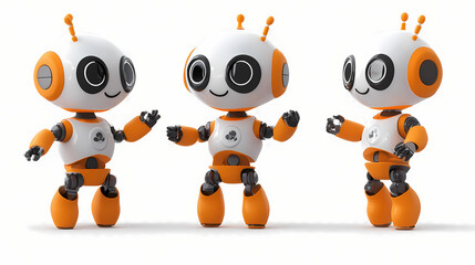 Wall Mural - Set of four cute orange and white friendly toy robots with waving arms on transparent background png clip art illustration. Vintage Robot. Illustration