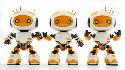 Wall Mural - Set of four cute orange and white friendly toy robots with waving arms on transparent background png clip art illustration. Vintage Robot. Illustration