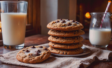 Poster - A plate of cookies sits on a table next to a glass of milk. The cookies are piled high, and the milk is in a glass. The scene is cozy and inviting, with the cookies and milk suggesting a warm and