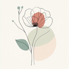 Poster - Decorative line art featuring a flower against soft pastel shapes in a minimalistic style. Generative AI