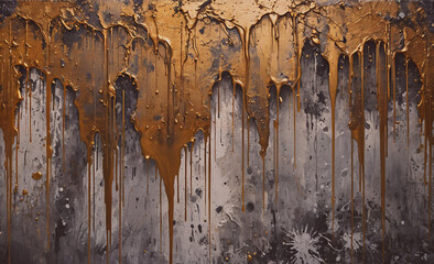 Poster - A painting of a wall with gold paint dripping down it. The painting has a moody and dramatic feel to it, with the gold paint adding a sense of richness and depth to the scene. The dripping paint also