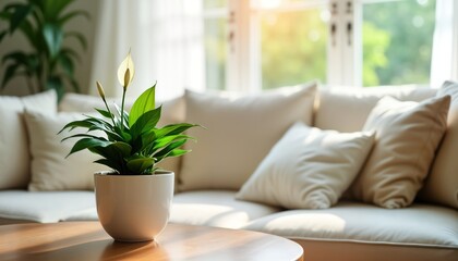 Poster - Potted plant sits on a wooden table in a cozy living room. Beige couch and pillows create a calm atmosphere. Sunlight streams in through a window. A peaceful and homey scene.