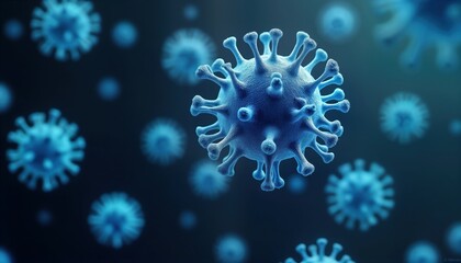 Poster - Microscopic virus. Close up view. Many viruses in dark background. Science research. Medical tech. Virus research. Healthcare study. Biology. Microbe. Microscopic viruses. Microbial research. Virus