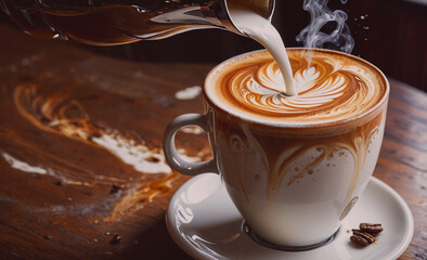 Aufkleber - A cup of coffee with milk poured into it. The coffee is hot and steam is rising from it. The cup is on a wooden table