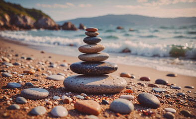 Aufkleber - A stack of rocks on a beach. The rocks are of different sizes and colors. The beach is calm and peaceful, with the waves gently lapping at the shore. The rocks are arranged in a pyramid shape