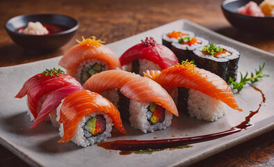 Poster - A plate of sushi with a variety of colors and shapes. The sushi is arranged in a way that makes it look appetizing and visually appealing