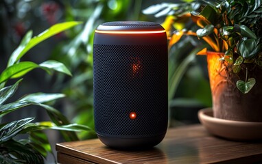 Poster - Smart speaker with ambient lighting on wooden table among plants.