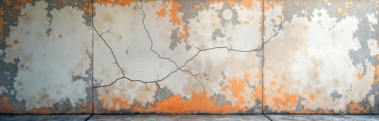 Fototapete - Aged concrete wall with deep cracks, peeling paint. Weathered surface shows texture, damage. Rustic urban style. Exterior building material. Vintage structure. Rustic construction detail. Raw