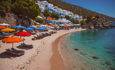 Fototapete - A beach with many umbrellas and chairs. The beach is very crowded. The umbrellas are of different colors