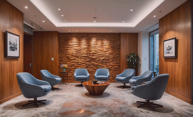 Poster - A group of chairs are arranged in a circle around a wooden coffee table. The chairs are blue and the table is made of wood. The room has a warm and inviting atmosphere, perfect for a gathering or a