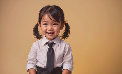 Wall Mural - A young girl wearing a white shirt and a black tie is smiling. Concept of innocence and joy, as the child appears to be happy and content. The combination of the girl's attire