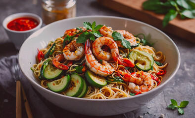 Poster - A bowl of shrimp and vegetable pasta with a side of sauce. The dish is colorful and appetizing, with the shrimp and vegetables arranged in a visually appealing manner. The sauce is drizzled over the