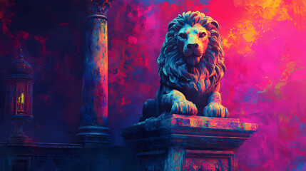 Wall Mural - Cyber stone lion statue and lantern abstract background. Cyber Palace. Illustration