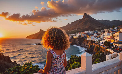 Fototapete - A young girl stands on a balcony overlooking a beautiful ocean and mountains. The sky is filled with clouds, and the sun is setting, creating a warm and serene atmosphere. The girl is wearing a white
