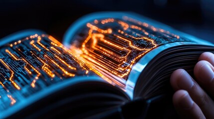 Glowing circuit book pages, futuristic knowledge concept