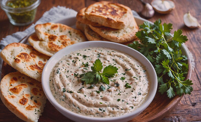 Poster - A bowl of white dip with parsley on top sits on a wooden tray. There are also some bread pieces on the tray