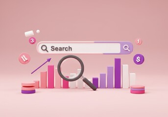 Fototapete - A 3D illustration of a search bar interface, magnifying glass and colorful bar graphs