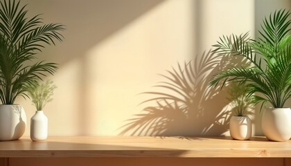 Aufkleber - Empty wooden table with white vases, palm plants. Sunlight casts shadows of palm leaves on beige wall. Minimalist style. Interior design. Home decor. Product display. Tropical vibe. Natural light.