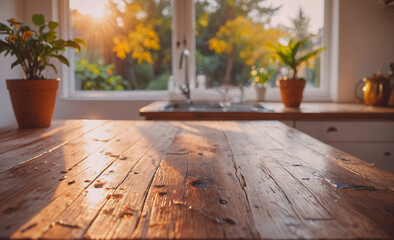 Poster - A wooden countertop with a sink and two potted plants. The sink is in the middle of the countertop and the plants are on the right side. The countertop is made of wood and has a rustic feel to it