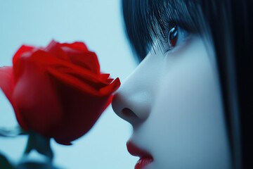 Wall Mural - Asian female close-up profile with red rose and black hair in soft light