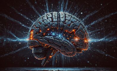 Aufkleber - A brain with a lot of damage and a lot of sparks coming out of it. The brain is surrounded by a lot of light and it looks like it's in a sci-fi movie
