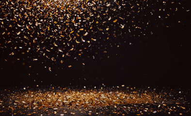 Poster - A black background with gold confetti falling from the sky. The confetti is scattered all over the ground, creating a festive and celebratory atmosphere
