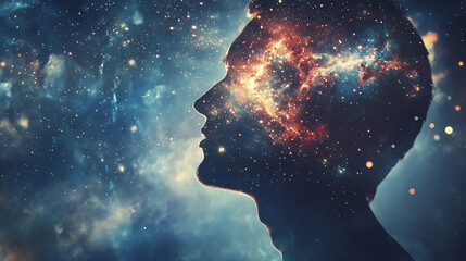 Wall Mural - a silhouette of a person with a starry cosmic universe blended into the head surrounded by a vast bl