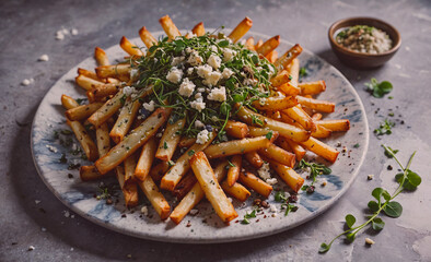Poster - A plate of french fries with a side of herbs and cheese. The plate is on a grey surface