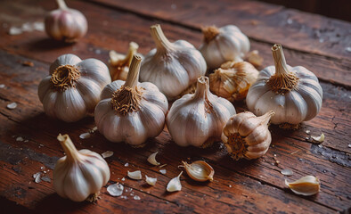 Poster - A bunch of garlic cloves are spread out on a wooden table. The garlic is fresh and ready to be used in cooking