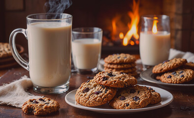 Aufkleber - A plate of cookies and a glass of milk are on a table next to a fireplace. The cookies are chocolate chip and the milk is white