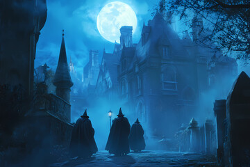 a fantasy illustration of the streets of an old gothic city at night
