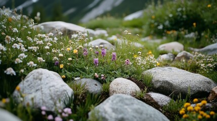 Wall Mural - Colorful wildflowers bloom amid smooth stones in a hillside meadow, capturing the gentle beauty and resilience of nature's tapestry.