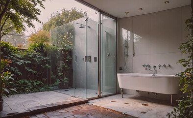 Poster - A bathroom with a bathtub and shower stall. The shower stall is made of glass and has a sliding door. The bathroom is located in a garden area