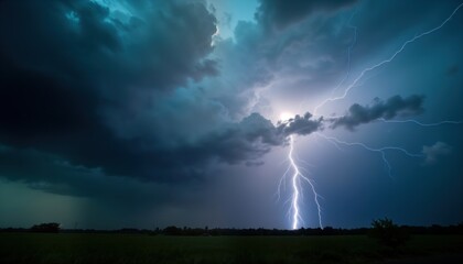 Wall Mural - dramatic sky with powerful lightning strike. dark thunderclouds dominate view. lightning bolt illumi