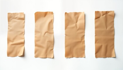 Fototapete - Four pieces of torn craft paper tape lie flat against white background. Paper light beige tan color. Pieces show crinkled, irregular edges. Image perfect for design projects, craft supplies for