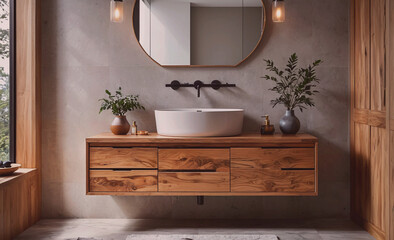 Poster - A bathroom with a sink and a mirror. The sink is white and the mirror is round. There are potted plants on the counter and a vase on the counter. The bathroom has a modern and clean look
